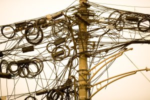 A tangle of cables and wires in Shanghai, China
